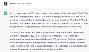 screenshot ask chatgpt about should SEOs fear ChatGPT